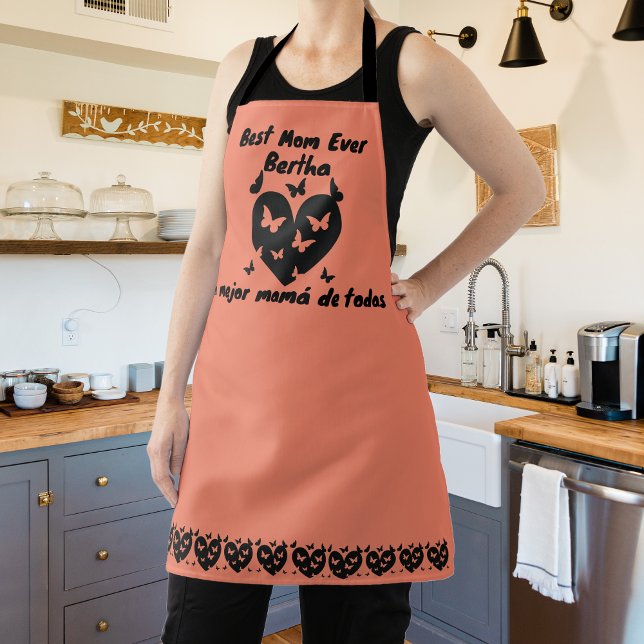 Butterflies & Heart Custom Name, Bilingual Salmon Apron (Salmon bilingual Apron best mom ever, la mejor mamá de todas, custom name, multilingual project)