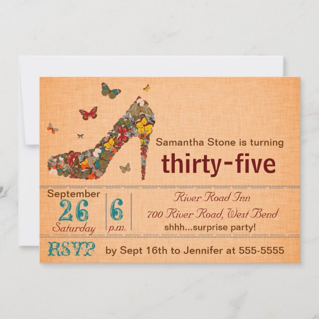 Butterflies High Heel 35th Birthday Invite (Front)