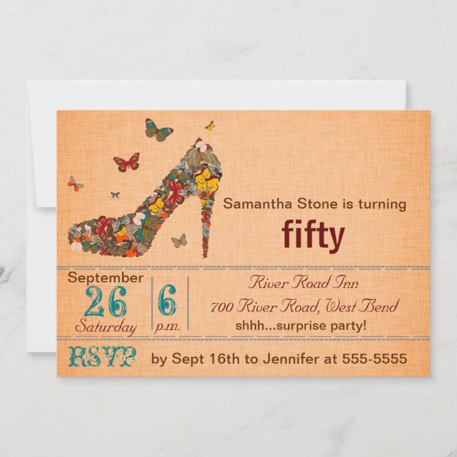 Butterflies High Heel 50th Birthday Invite (Front)