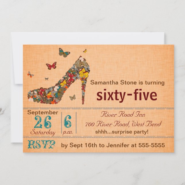 Butterflies High Heel 65th Birthday Invite (Front)