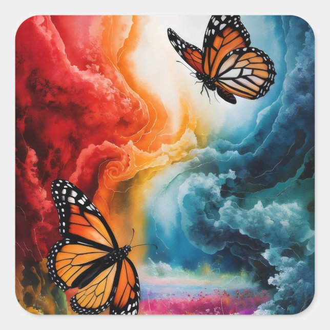 Butterflies in a colorful storm. square sticker (Front)