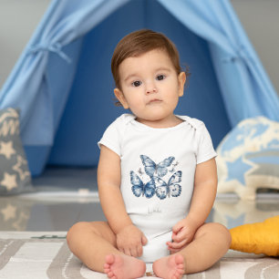 Butterflies in Delft Blue, customisable  Baby Bodysuit