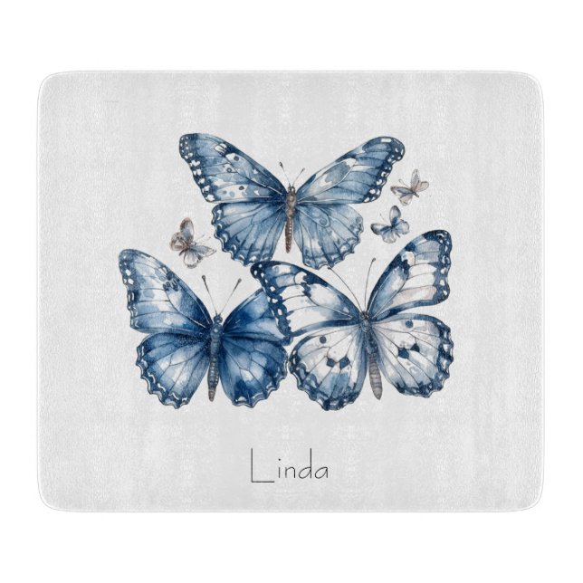 Butterflies in Delft Blue, customisable Cutting Board (Front)