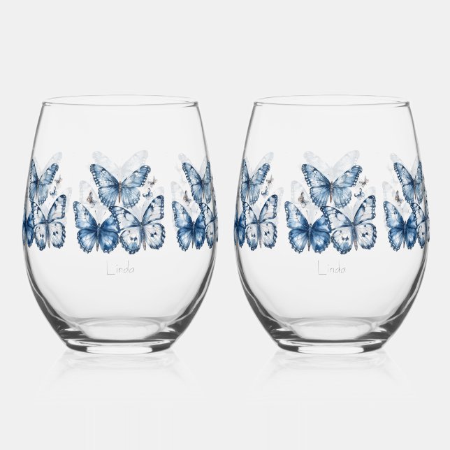 Butterflies in Delft Blue, customisable Stemless Wine Glass (Front)
