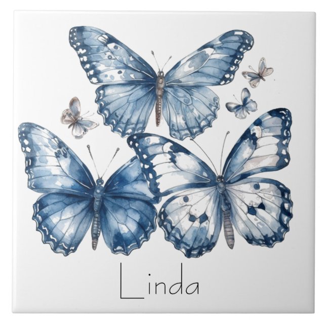 Butterflies in Delft Blue, customisable Tile (Front)