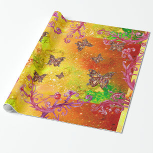 BUTTERFLIES IN GOLD YELLOW BROWN GREEN SPARKLES WRAPPING PAPER