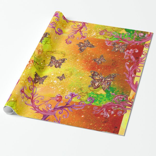 BUTTERFLIES IN GOLD YELLOW BROWN GREEN SPARKLES WRAPPING PAPER (Unrolled)
