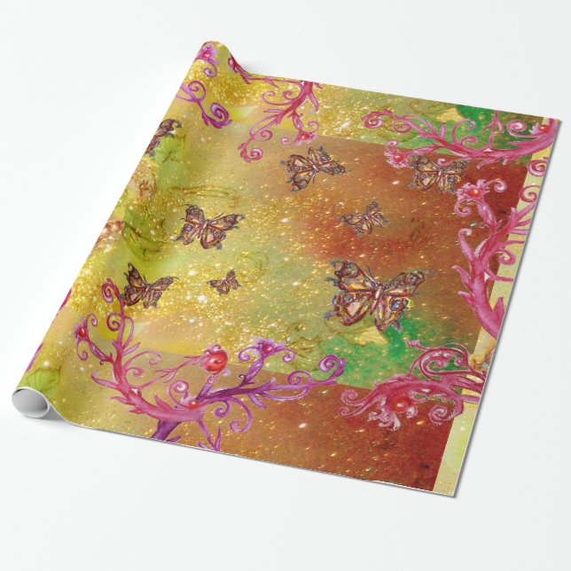 BUTTERFLIES IN GOLD YELLOW BROWN GREEN SPARKLES WRAPPING PAPER (Unrolled)