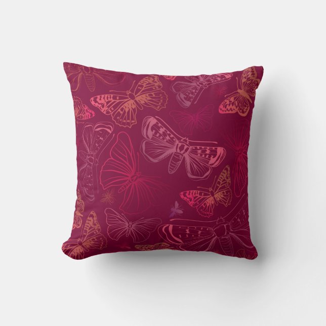 Butterflies in Hues of Pink Burgundy Red Cushion (Front)