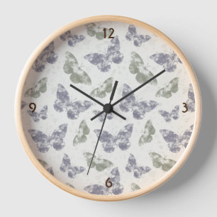Butterflies in mauve & sage, grungy watercolor clock