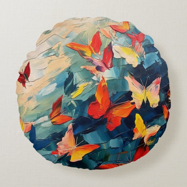 Butterflies in Motion – Expressive Abstract Flight Round Cushion (Front)
