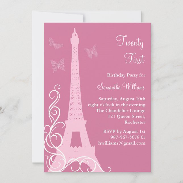 Butterflies in Paris 21st Birthday Invite pink (Front)