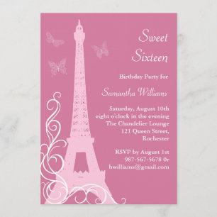 Butterflies in Paris Birthday Invite pink