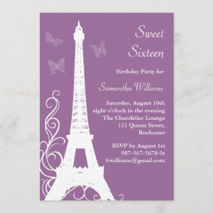Butterflies in Paris Birthday Invite purple