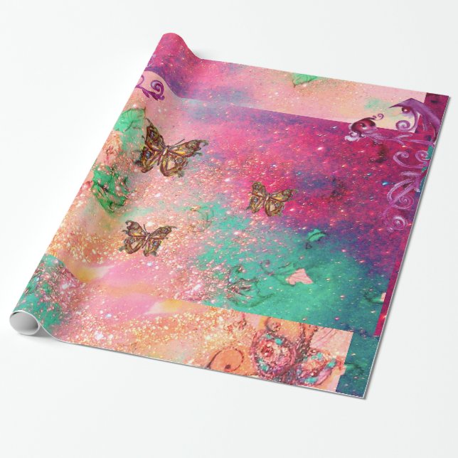 BUTTERFLIES IN PINK SPARKLES-MAGIC BUTTERFLY PLANT WRAPPING PAPER (Unrolled)