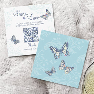 Butterflies ink art and botanic swirl blue wedding enclosure card
