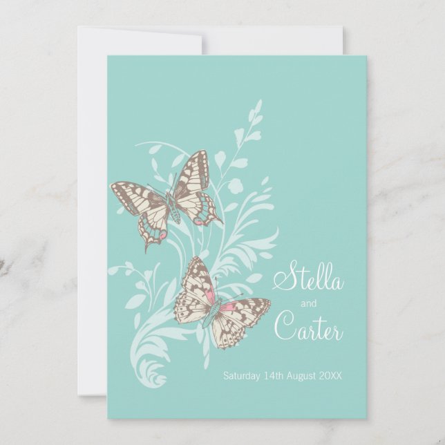 Butterflies inked art aqua teal cream wedding invitation (Front)