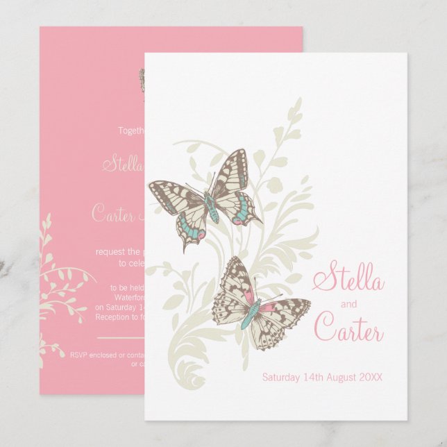 Butterflies inked art pink cream white wedding invitation (Front/Back)