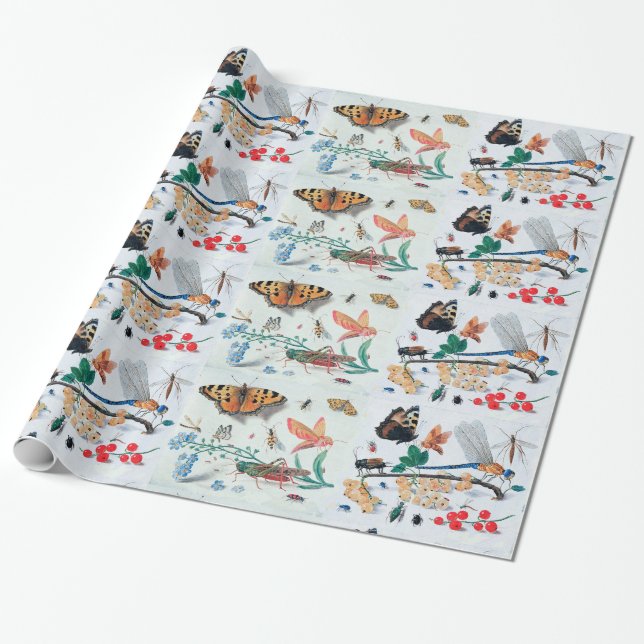 BUTTERFLIES ,INSECTS , FLOWERS AND PLANTS WRAPPING PAPER (Unrolled)