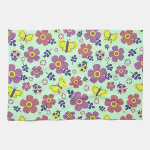 Butterflies, Ladybugs, Flowers, and Leaves Tea Towel