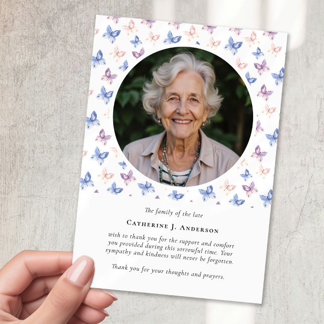 Butterflies Lilac Blue Sympathy Photo Funeral Thank You Card (Creator Uploaded)