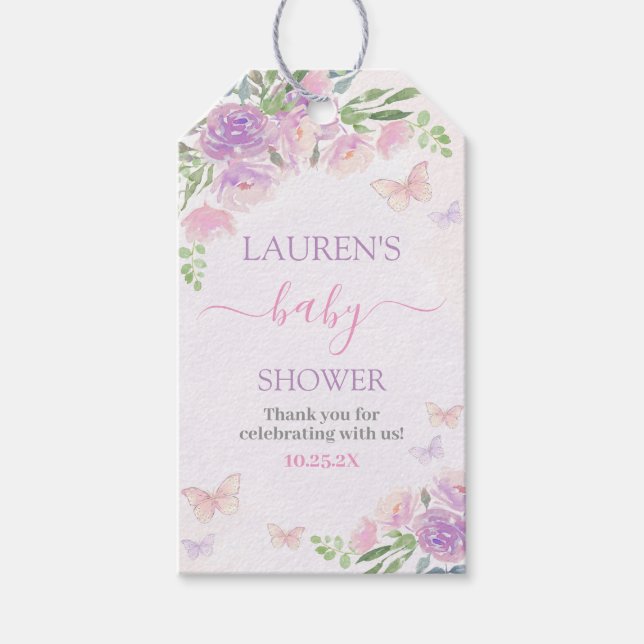 Butterflies Lilac Pink Baby Shower Gift Tag (Front)