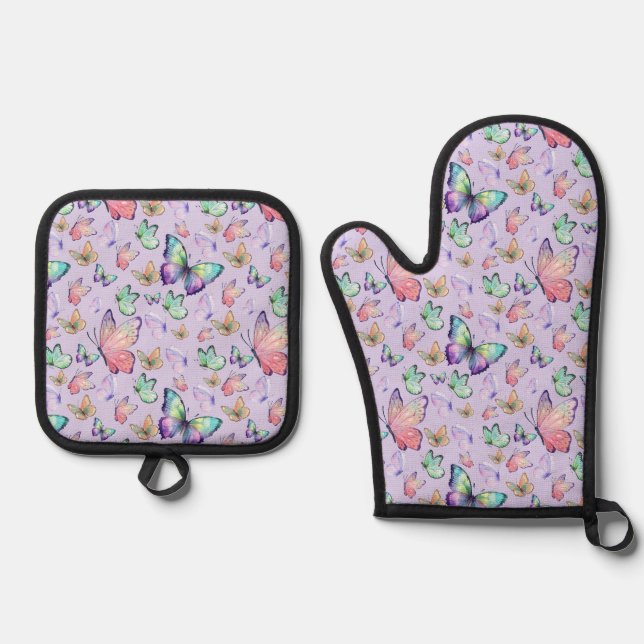 Butterflies Linear Gradient Background Pattern Oven Mitt & Pot Holder Set (Front)