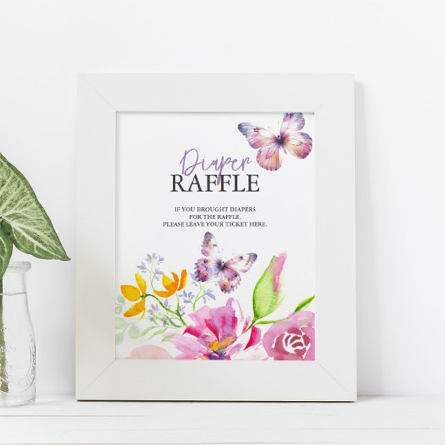 Butterflies & Lullabies Diaper Raffle Baby Shower Poster (Purple butterfly baby shower theme butterfly and floral watercolor art by Victoria Grigaliunas)