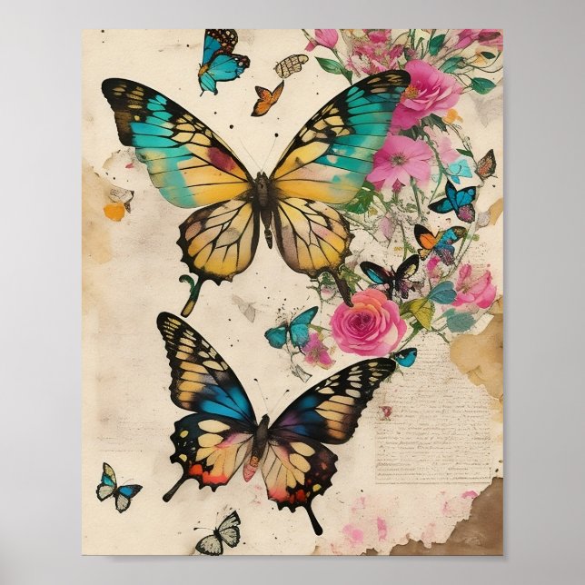Butterflies Mixed Media Collage Ephemera Decoupage Poster (Front)