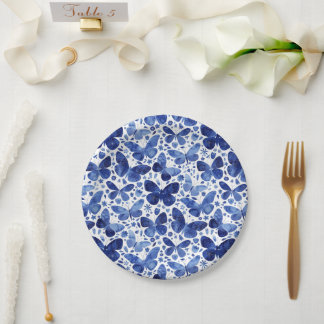 Butterflies Modern Watercolor Blue Paper Plate
