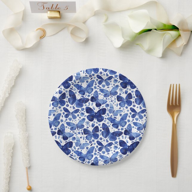 Butterflies Modern Watercolor Blue Paper Plate (Wedding)