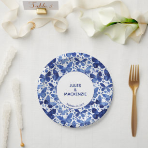 Butterflies Modern Watercolor Indigo Blue Wedding Paper Plate