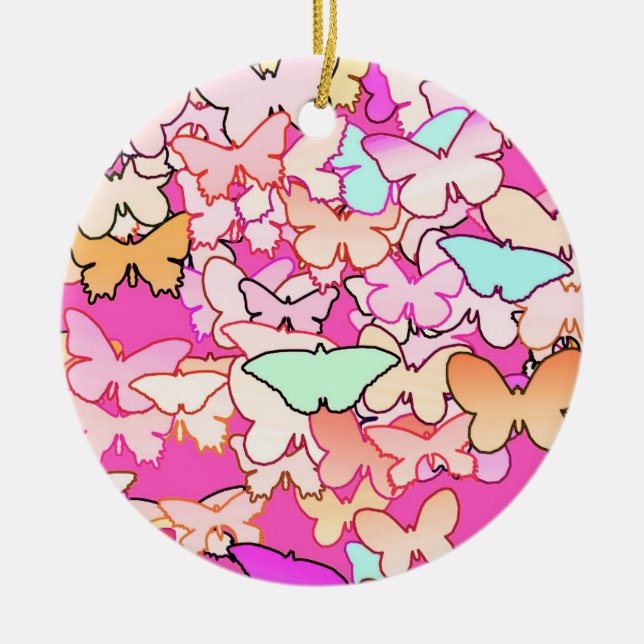 Butterflies, multi and deep pink ceramic tree decoration (Front)