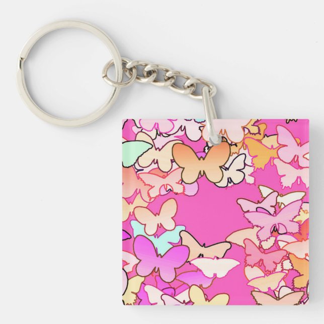 Butterflies, multi and deep pink key ring (Front)
