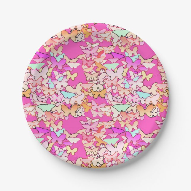 Butterflies, multi and deep pink paper plate (Front)