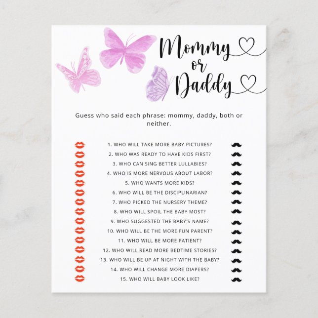 Butterflies - mummy or daddy baby shower game (Front)