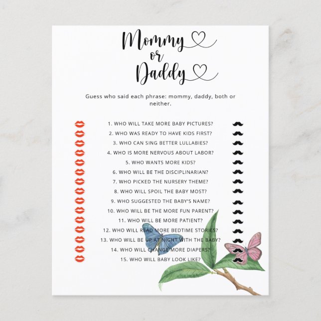 Butterflies - mummy or daddy baby shower game (Front)
