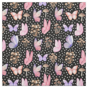Butterflies & Mushrooms on Black Fabric