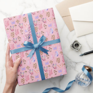 Butterflies & Mushrooms on Bubblegum Pink Wrapping Paper