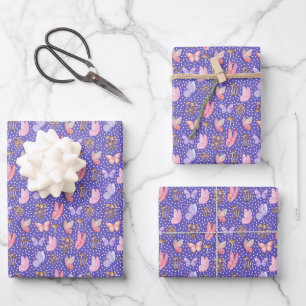 Butterflies & Mushrooms on Iris Blue Wrapping Paper Sheet