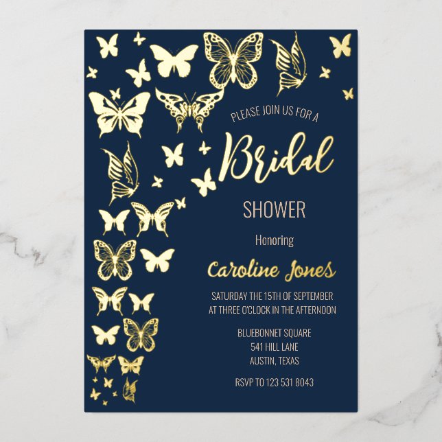 Butterflies Navy Blue Gold Foil Bridal Shower (Front)