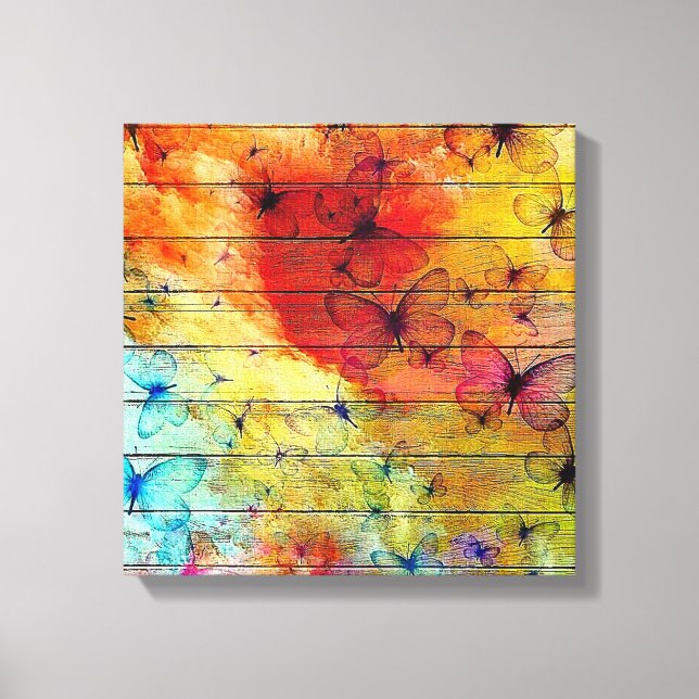 Butterflies on a Colourful Rustic Wood Canvas Print (Front)