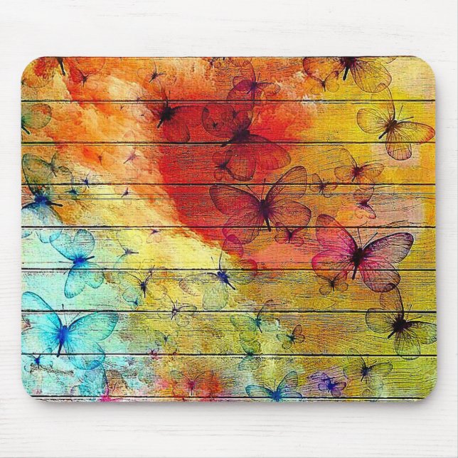 Butterflies on a Colourful Rustic Wood Mouse Mat (Front)