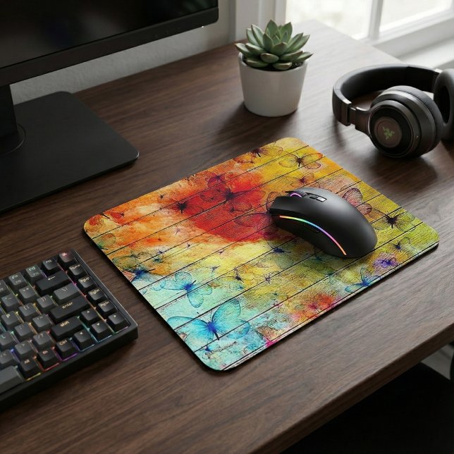 Butterflies on a Colourful Rustic Wood Mouse Mat (Creator Uploaded)
