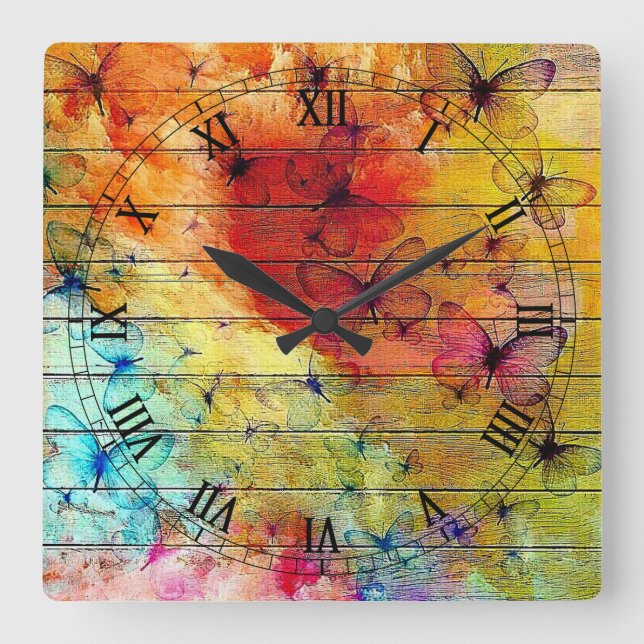 Butterflies on a Colourful Rustic Wood Square Wall Clock (Front)