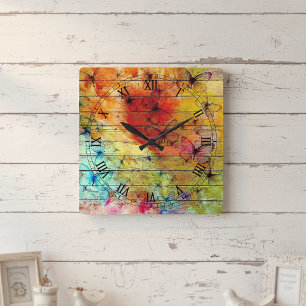 Butterflies on a Colourful Rustic Wood Square Wall Clock