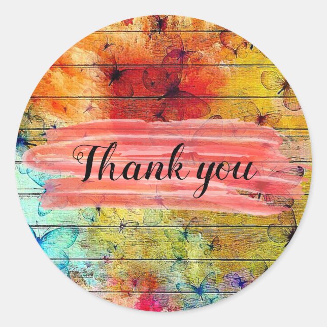 Butterflies on a Colourful Rustic Wood Thank You Classic Round Sticker (Front)