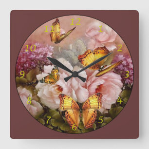 Butterflies on Flowers Square Wall Clock