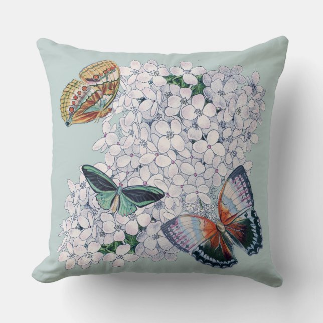 Butterflies on Hydrangea in tones of teal Cushion (Front)
