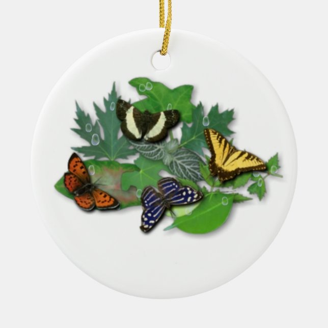 Butterflies on Leaves Ceramic Tree Decoration (Front)